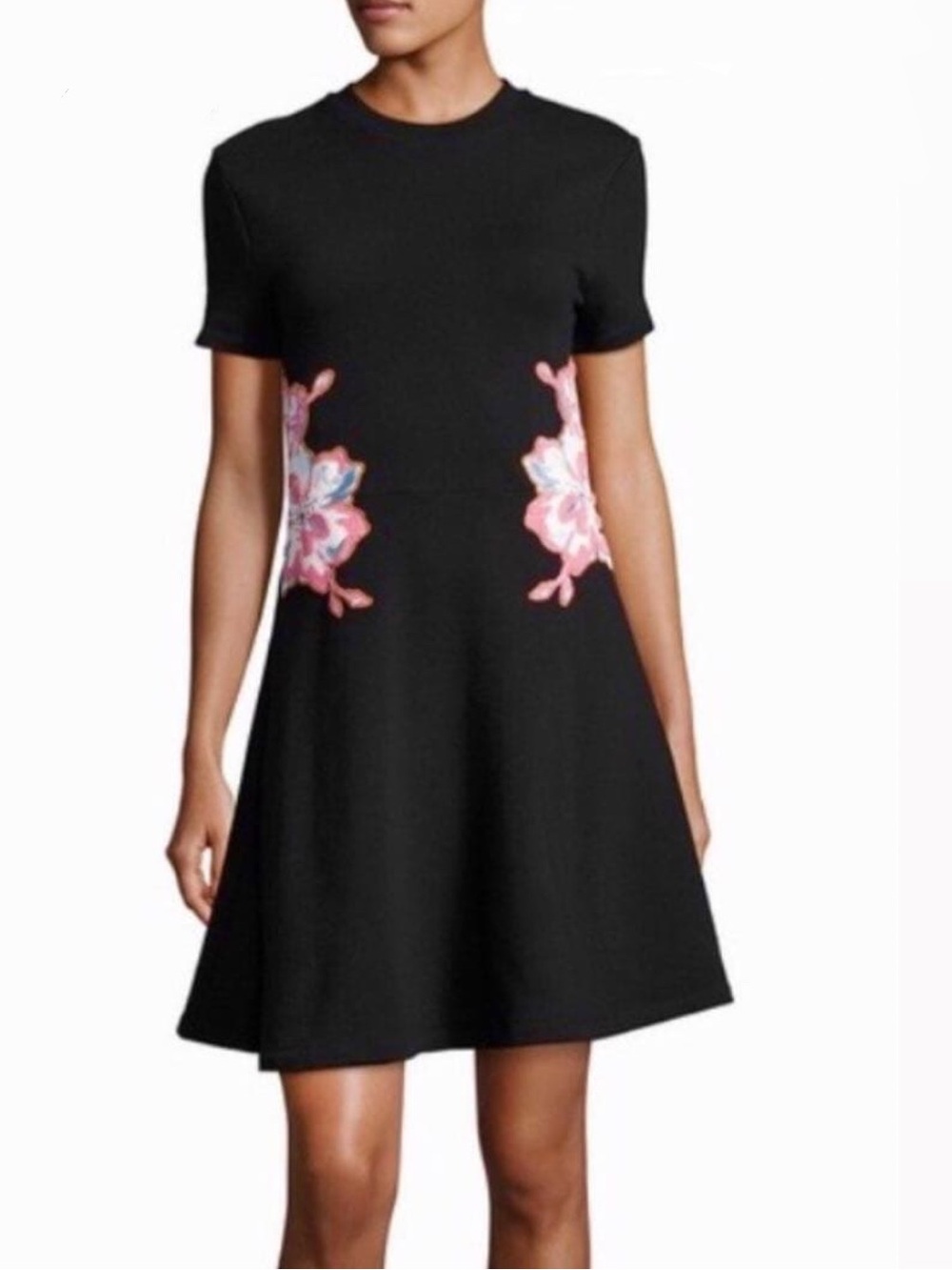 Carven Black Short-Sleeve Fit-and-Flare Dress with Pink Floral Side Appliqué
